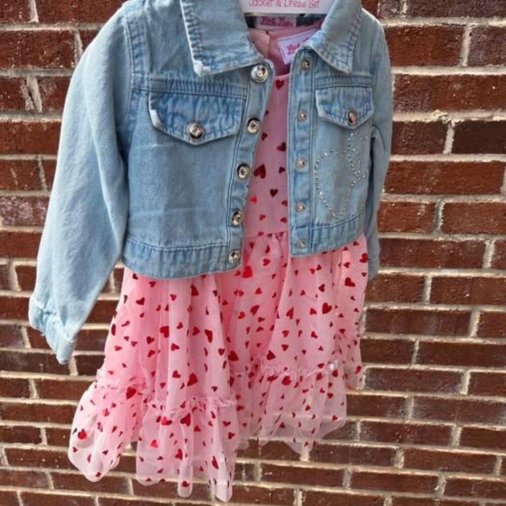 Little Lass 2T denim jacket and dress hearts rhinestones and ruffles new
